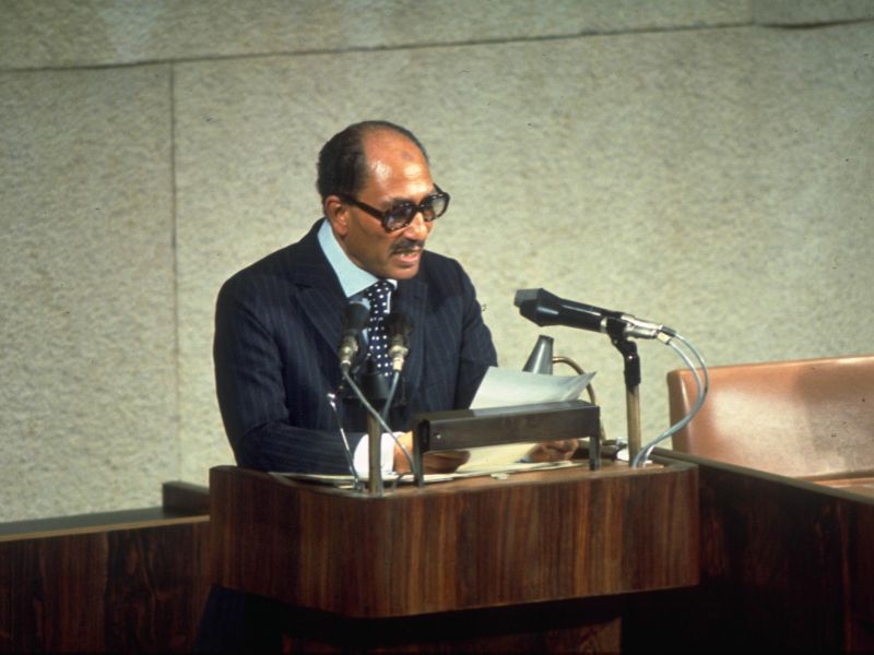 President Sadat delivering a speech at the Knesset in Jerusalem.